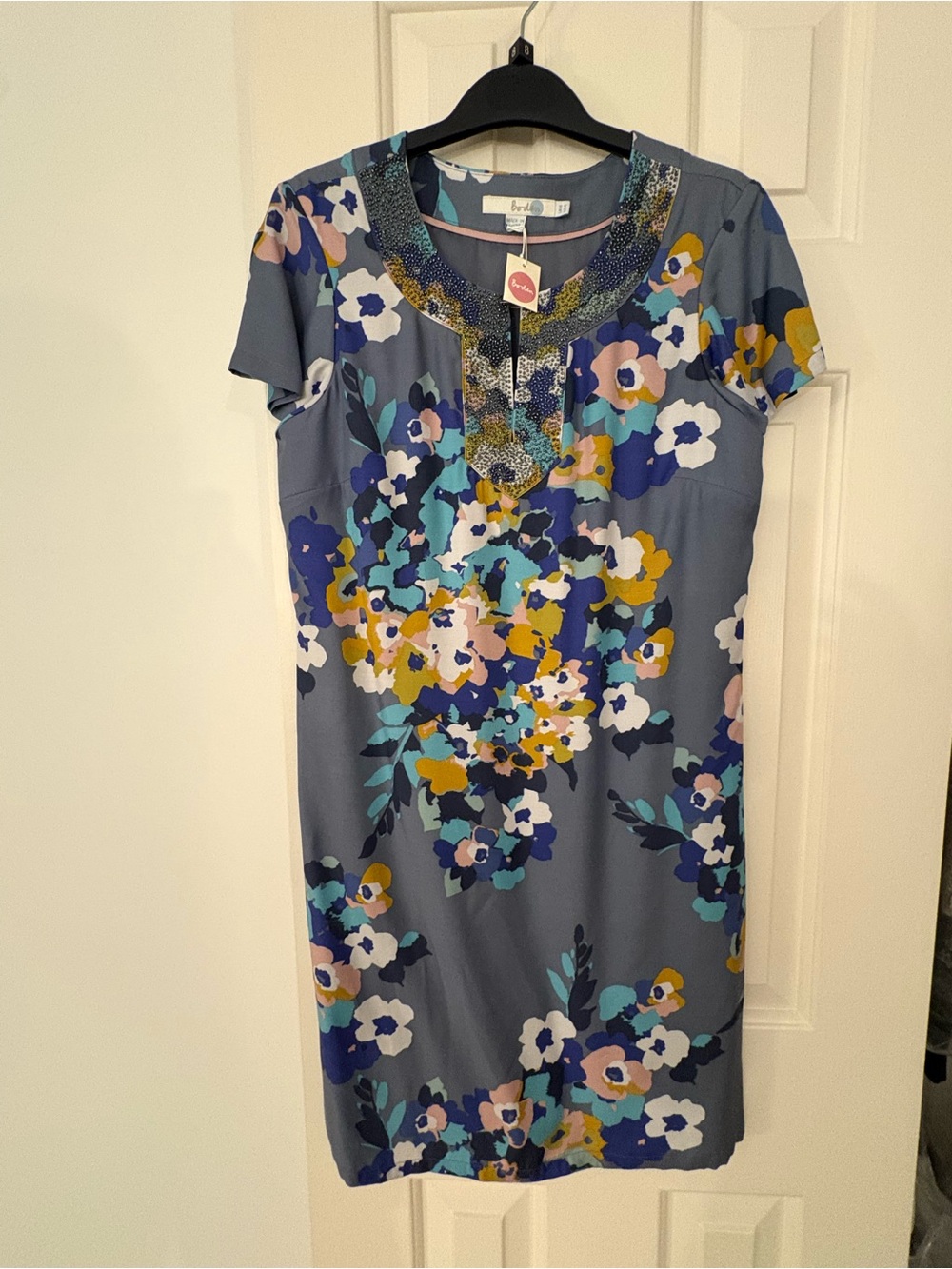 Boden Gray Floral Mini Dress with Beaded Neckline
